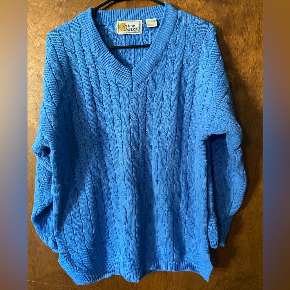 24w Womens Bright Blue Cable Knit Sweater With V Neck By Southern Classics